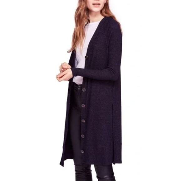 Free People Womens Metallic Glitter Long Cardigan Size M Duster Thermal Black - Picture 1 of 11